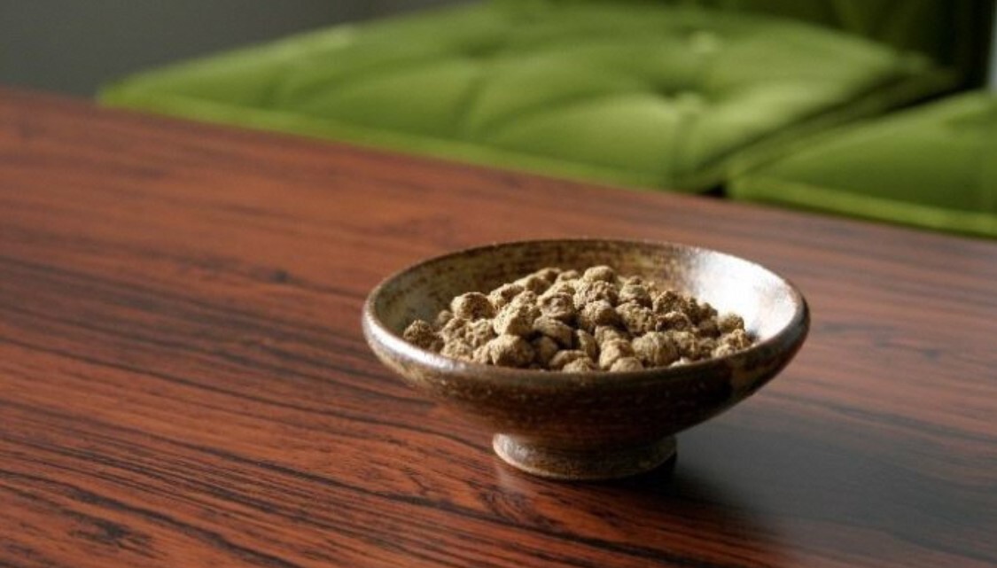 茶色の器にドッグフードが木製のテーブルの上に置かれている