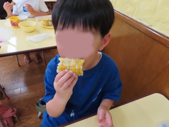 トウモロコシを食べている園児の写真