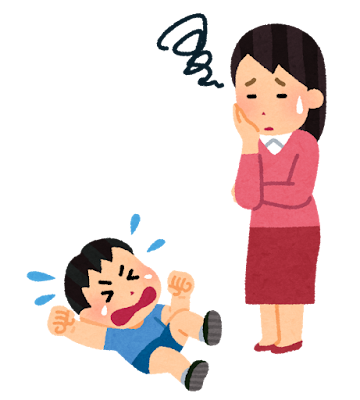 泣いている男の子と心配そうな表情の女性のイラスト。