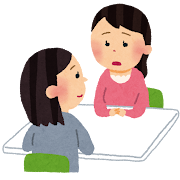 二人の女性がテーブルを挟んで話しているイラスト。