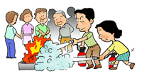 こどもが消火器で火を消そうとしている様子とその周りで見守る人々のイラスト。