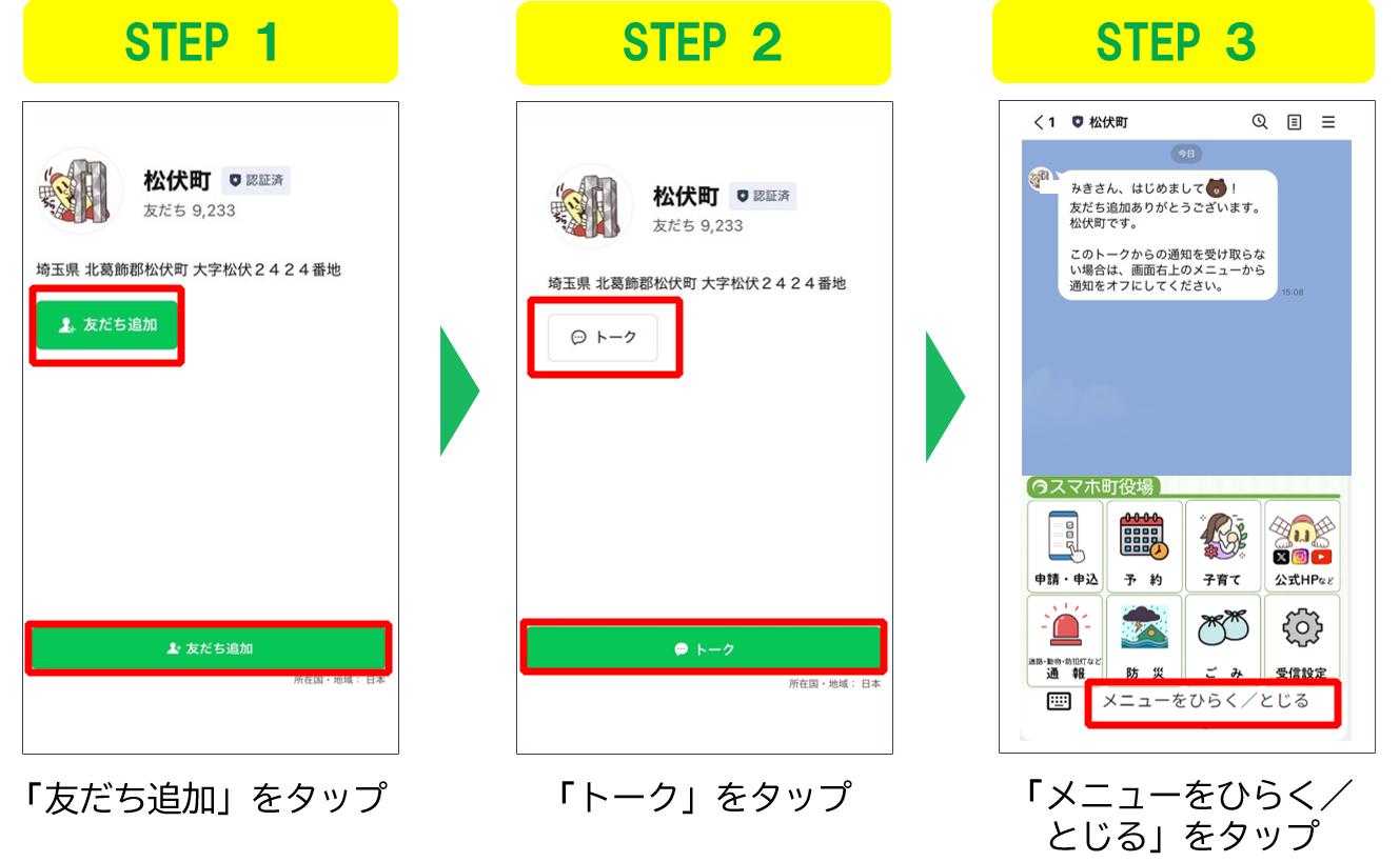 友だち追加、トーク、メニューをひらくという手順を示した3つの画面