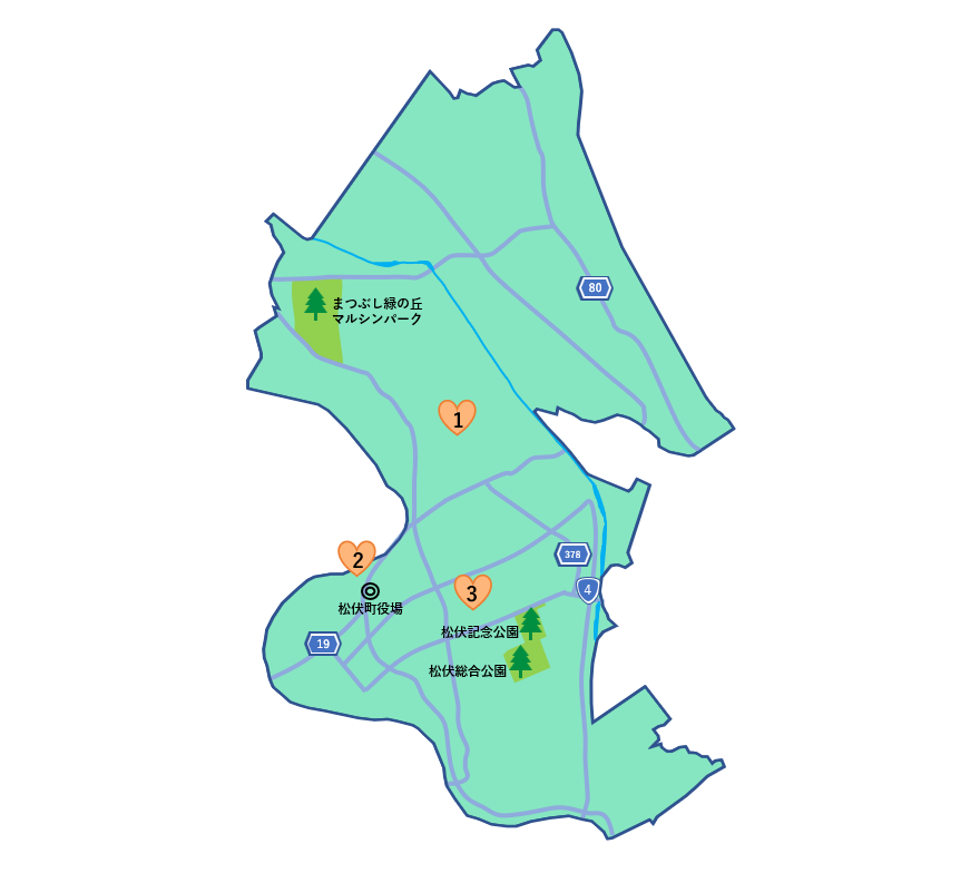 松伏町のこども食堂を示した簡略地図