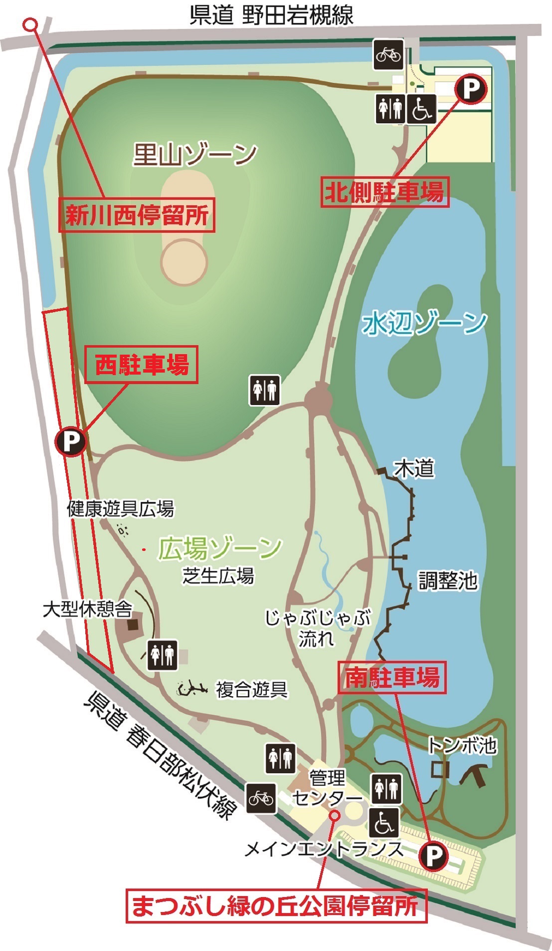 駐車場およびバス停留所を示した地図