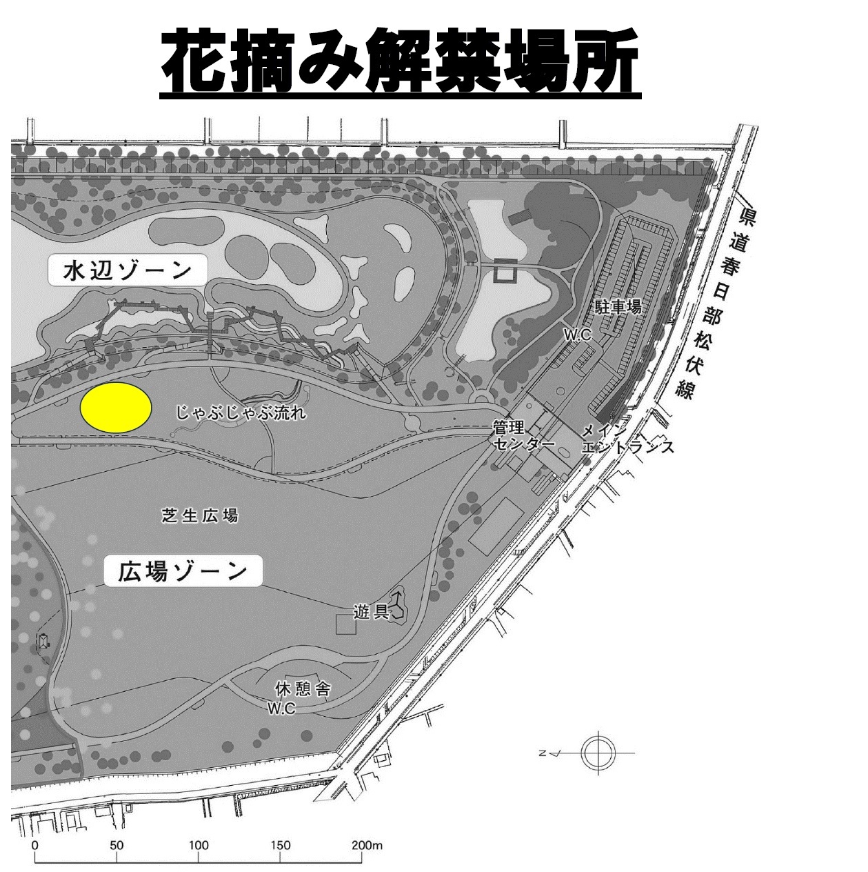 公園の園内図で花摘み解禁場所と書かれた見出しの下に黄色い丸で花摘み可能エリアが強調されている
